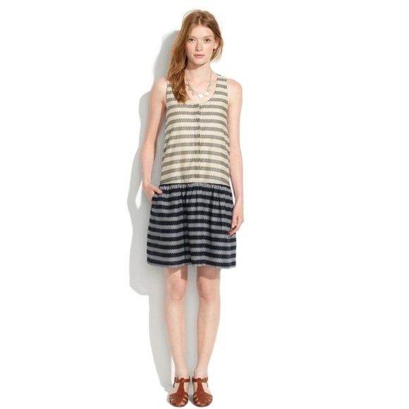 Madewell Dropwaist Trellis Stripe Swing Cotton Dress Black Tan Size Small NWT - Picture 3 of 13
